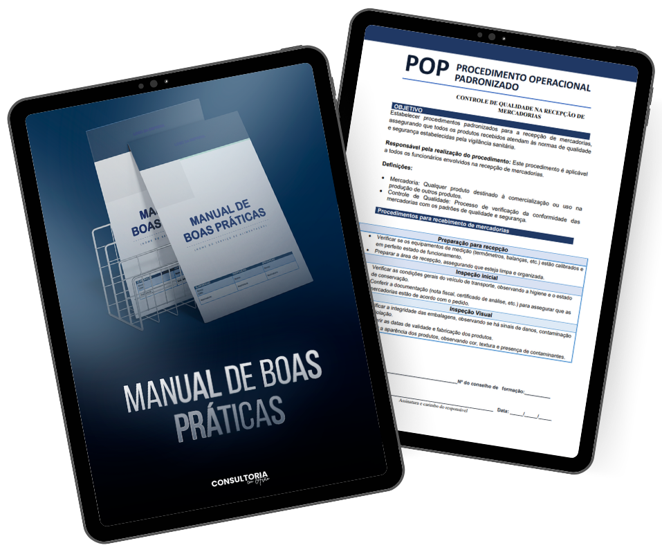 Manual de Boas Práticas e modelo de POP abertos em tablets